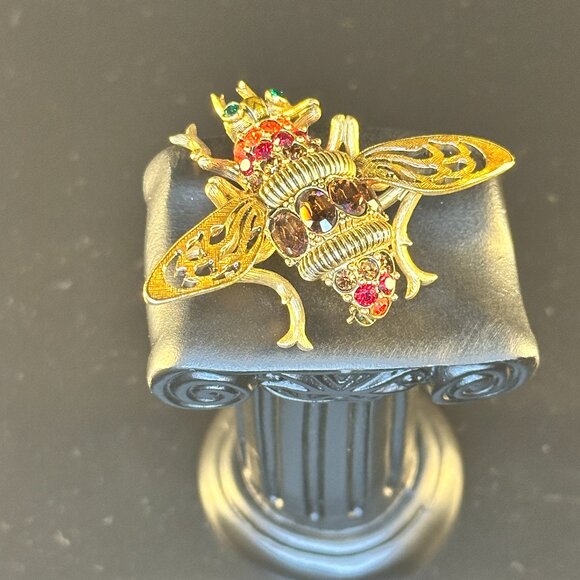 JOAN RIVERS BUMBLE BEE BROOCH PIN MULTI-COLOR CRYSTAL SIGNED RED ORANGE - Picture 2 of 3